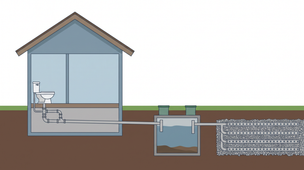 Cross-section of a home septic system showing the toilet, drain line, septic tank and drain field