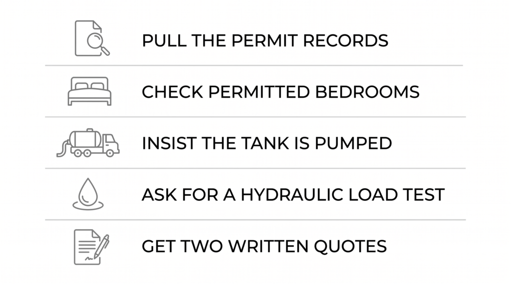 Checklist of five septic system checks to complete before closing on a house: permit records, permitted bedrooms, tank pumping, hydraulic load test, and written quotes