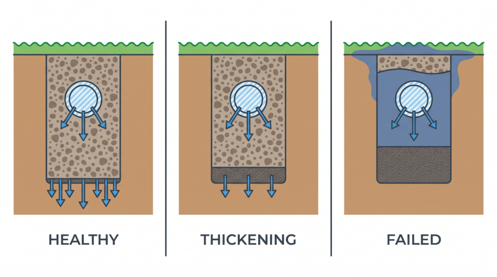 Three cross-sections of a drain field trench showing a healthy biomat, a thickening biomat with reduced drainage, and a failed field where effluent surfaces