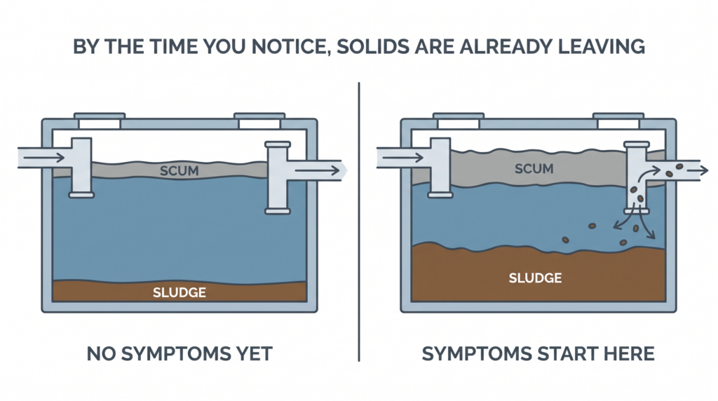 Two septic tank cross-sections showing that symptoms only appear once the sludge layer reaches the outlet and solids have begun escaping to the drain field