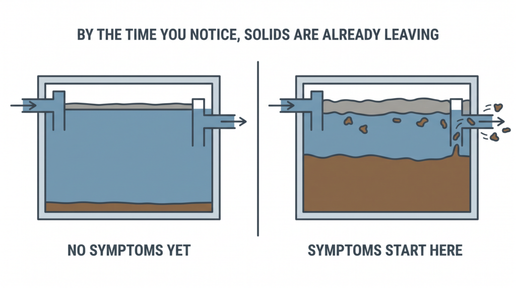 Two septic tank cross-sections showing that symptoms only appear once the sludge layer reaches the outlet and solids have begun escaping to the drain field