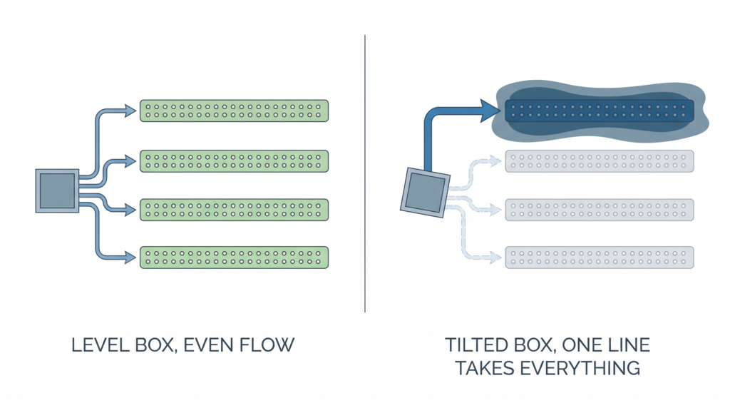 Top-down comparison of a level distribution box spreading effluent evenly across four drain lines versus a tilted box overloading a single line