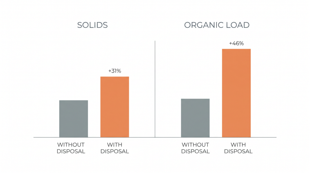 Bar chart showing a controlled study found garbage disposal use increased septic tank solids by 31 percent and organic load by 46 percent