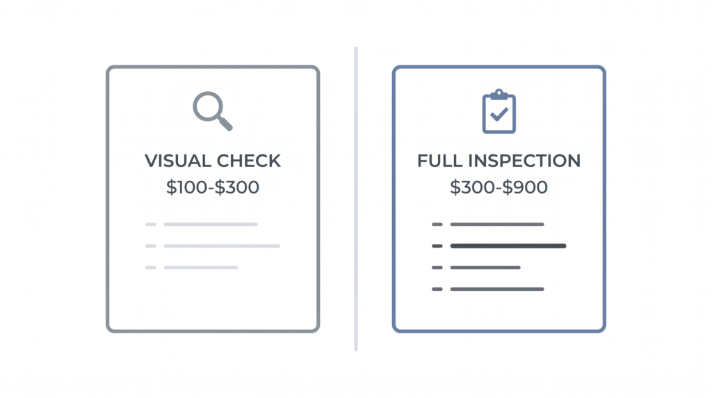 Comparison of a basic visual septic check at $100-$300 against a full real estate inspection at $300-$900, showing what each includes