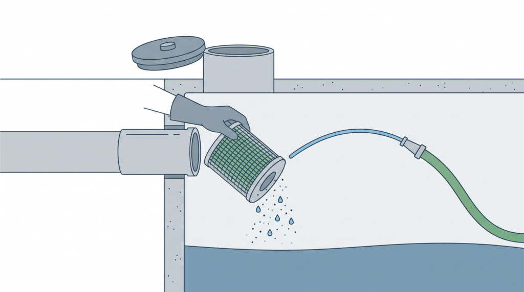 A gloved hand lifting a septic effluent filter cartridge for cleaning with a garden hose at the tank outlet