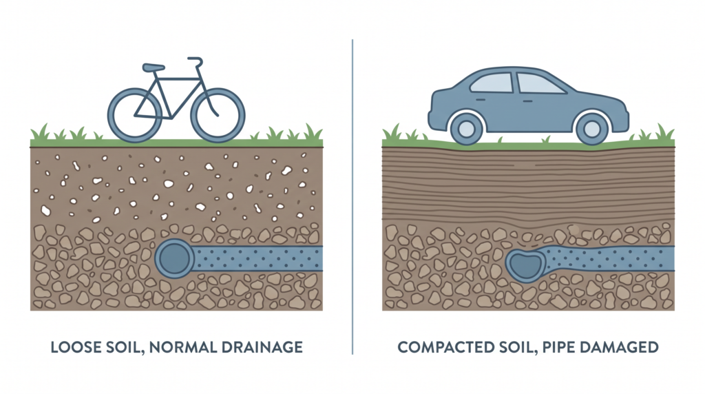 Cross-section comparing loose, well-draining soil above a drain field pipe against compacted soil with a crushed pipe from vehicle weight