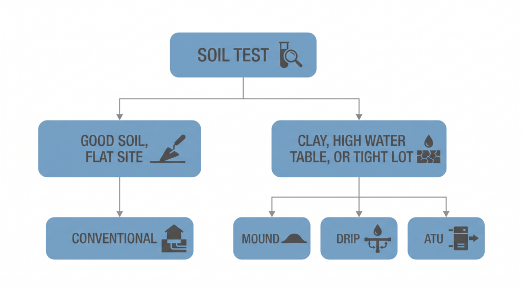 Decision tree showing how soil conditions determine whether a property needs a conventional, mound, drip, or aerobic septic system