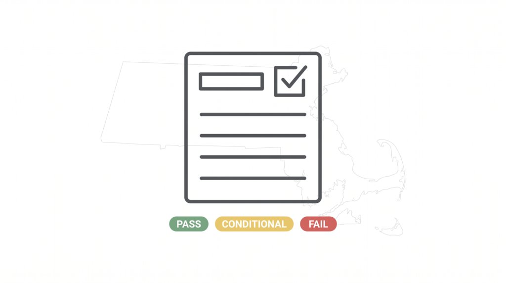 Official-style inspection document with pass, conditional pass, and fail outcome tags representing a Massachusetts Title 5 septic inspection