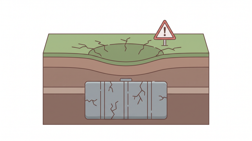 Cross-section showing a cracked septic tank with the ground above sinking into a depression, marked with a warning sign