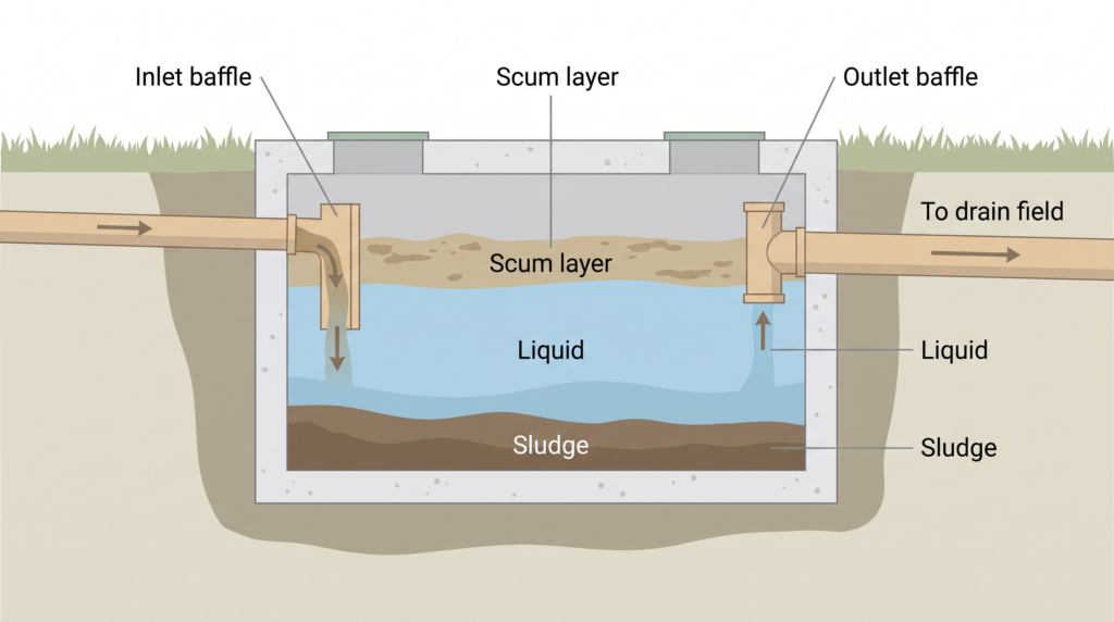Cutaway diagram of a septic tank showing the inlet baffle, scum layer, liquid layer, sludge layer, and outlet baffle leading to the drain field