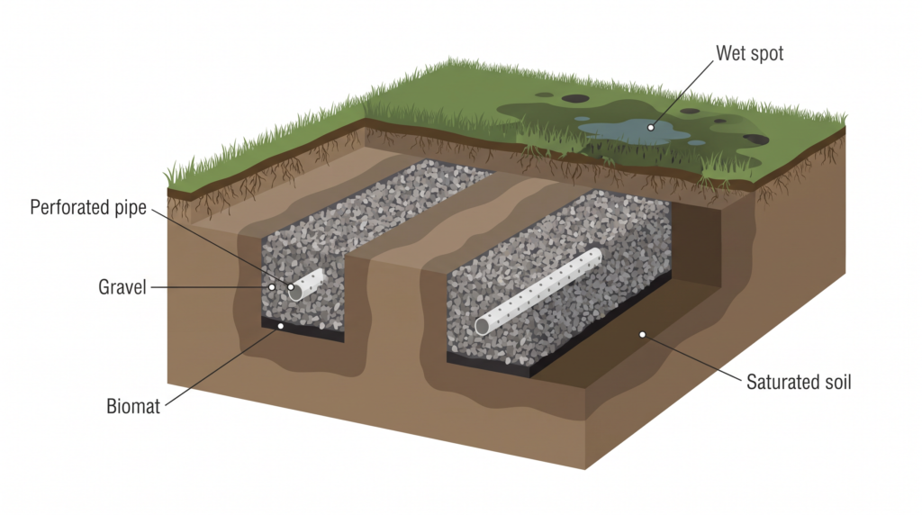 Cutaway diagram of a septic drain field showing gravel trenches, perforated pipes, the biomat layer, and a saturated wet spot at the surface