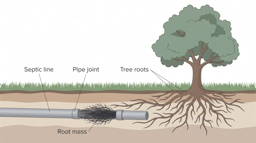 Cutaway diagram of a backyard showing tree roots entering a septic line joint and forming a root mass that blocks the pipe