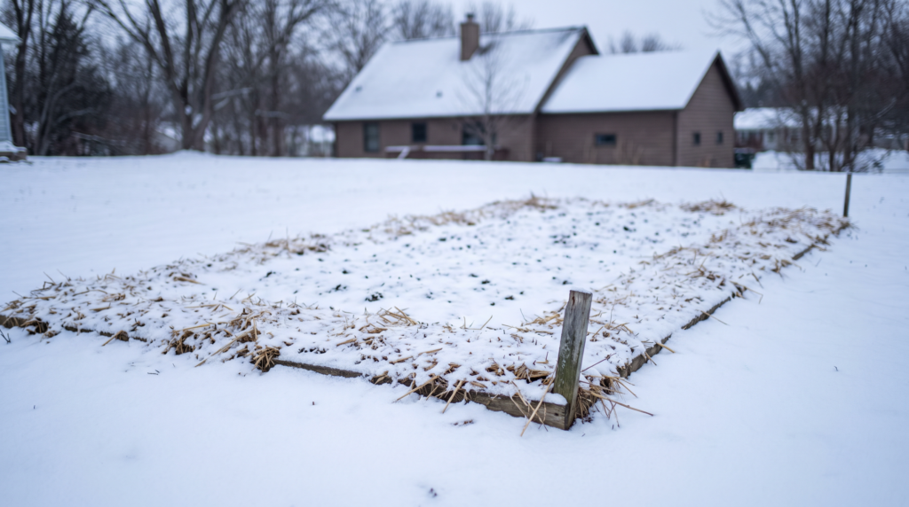 Snow-covered yard showing mulch insulation over a buried septic tank and drain field in winter