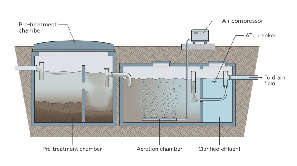 Cutaway diagram of an aerobic treatment unit septic system showing the pre-treatment chamber, air compressor, aeration chamber, and clarified effluent