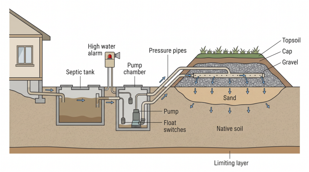 Cutaway diagram of a mound septic system showing the septic tank, pump chamber with pump and float switches, pressure pipes, gravel, sand fill, native soil, and the limiting layer below