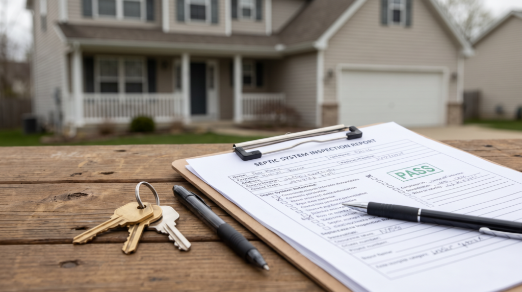 Septic inspection report on a clipboard next to house keys and a pen on a table