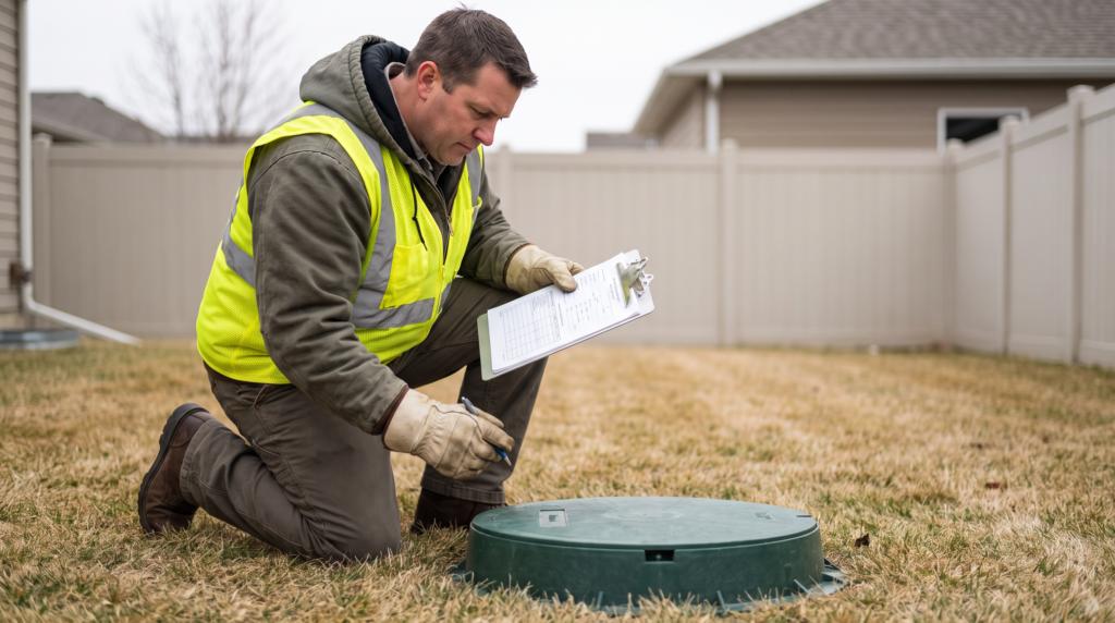 Septic inspector in a safety vest kneeling beside a septic access riser in a backyard with a clipboard