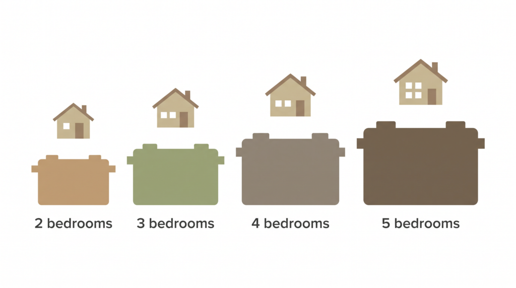 Infographic comparing septic tank sizes for 2, 3, 4, and 5 bedroom homes, with larger tanks for larger homes