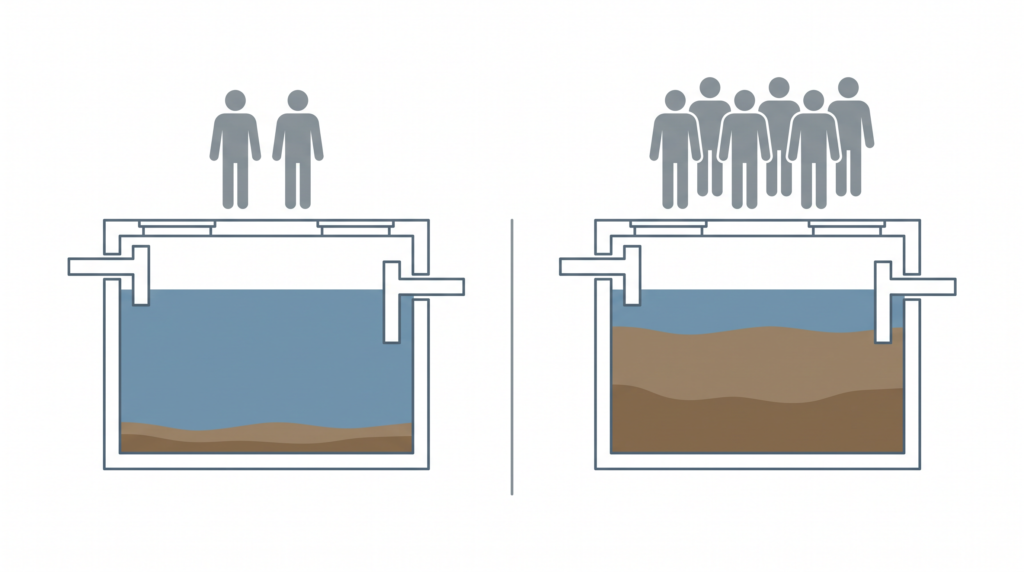 Two identical 1,000-gallon septic tanks showing how sludge accumulates nearly four times faster in a household of six than in a household of two