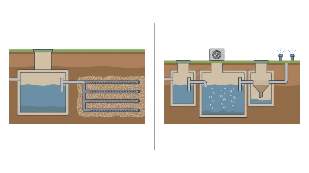 Side-by-side cross-section comparing a gravity-fed anaerobic septic system with an aerobic treatment unit using forced air and spray dispersal