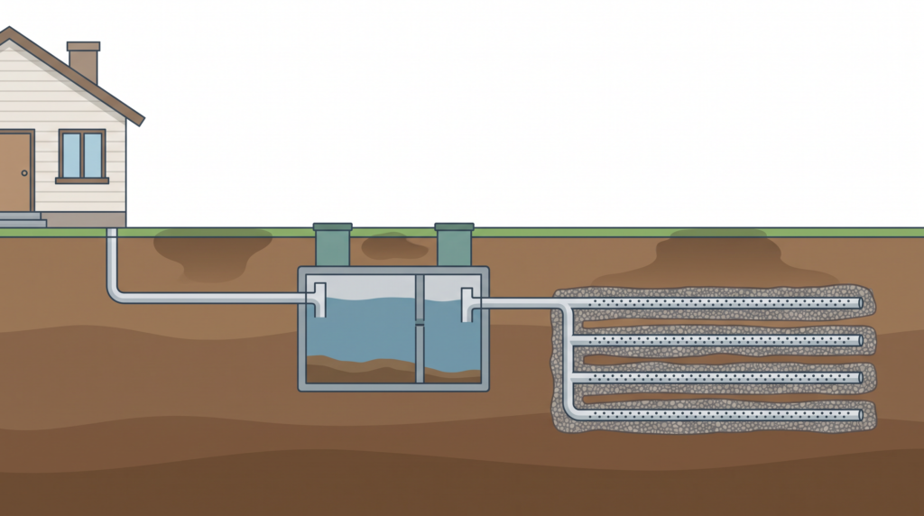 Diagram showing where wet spots appear over a septic system and what each location indicates