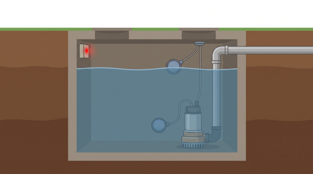 Cross-section of a septic pump chamber showing the effluent pump, float switches and high water alarm