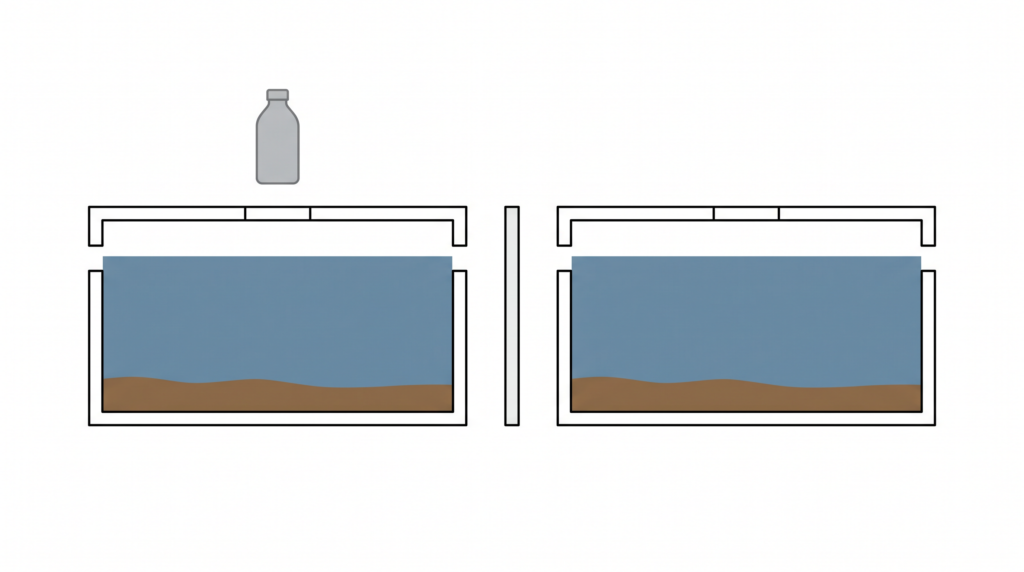 Two septic tank cross-sections with identical sludge layers, illustrating that additives made no measurable difference in a 12-month study