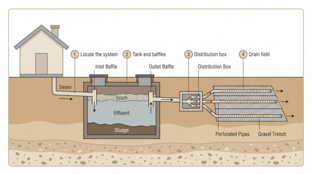 Cutaway diagram of a septic system with numbered inspection points for the tank and baffles, distribution box, and drain field