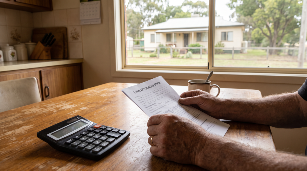 Homeowner reviewing a loan application form with a calculator at a kitchen table, with a rural house visible through the window