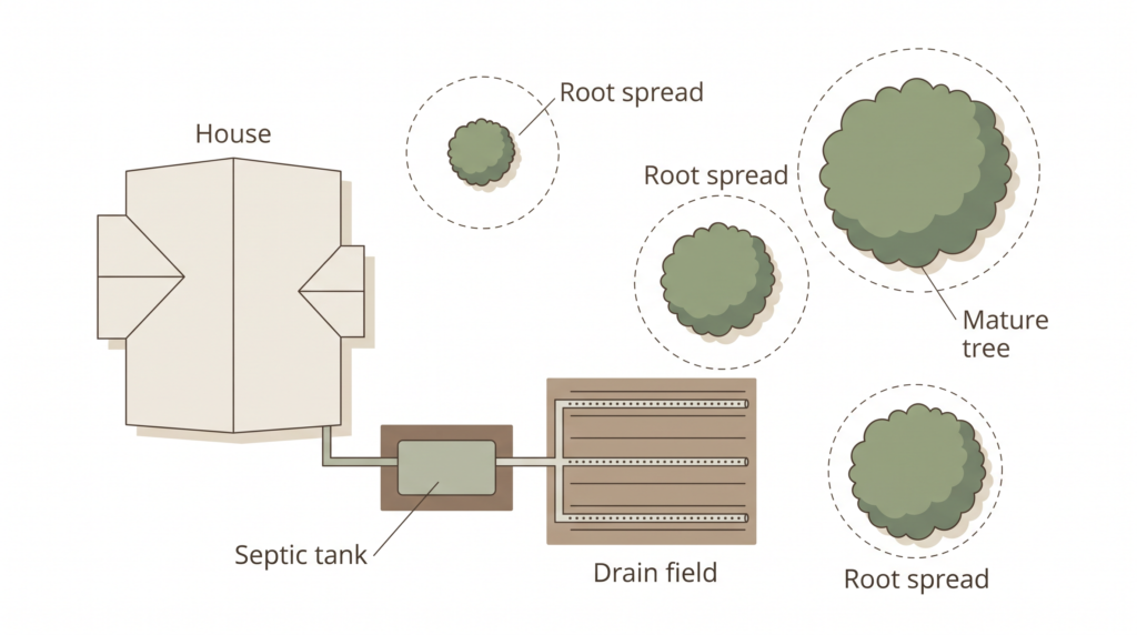 Top-down yard diagram showing a house, septic tank, drain field, and trees with dashed circles marking root spread