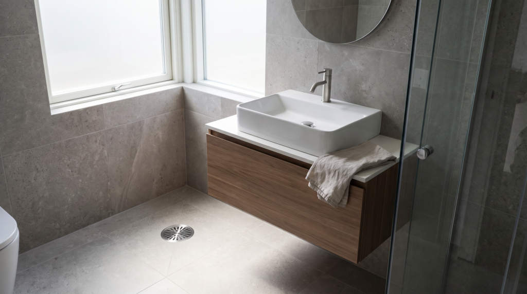 Bathroom sink and floor drain in a home, common places to check when there is a sewage smell